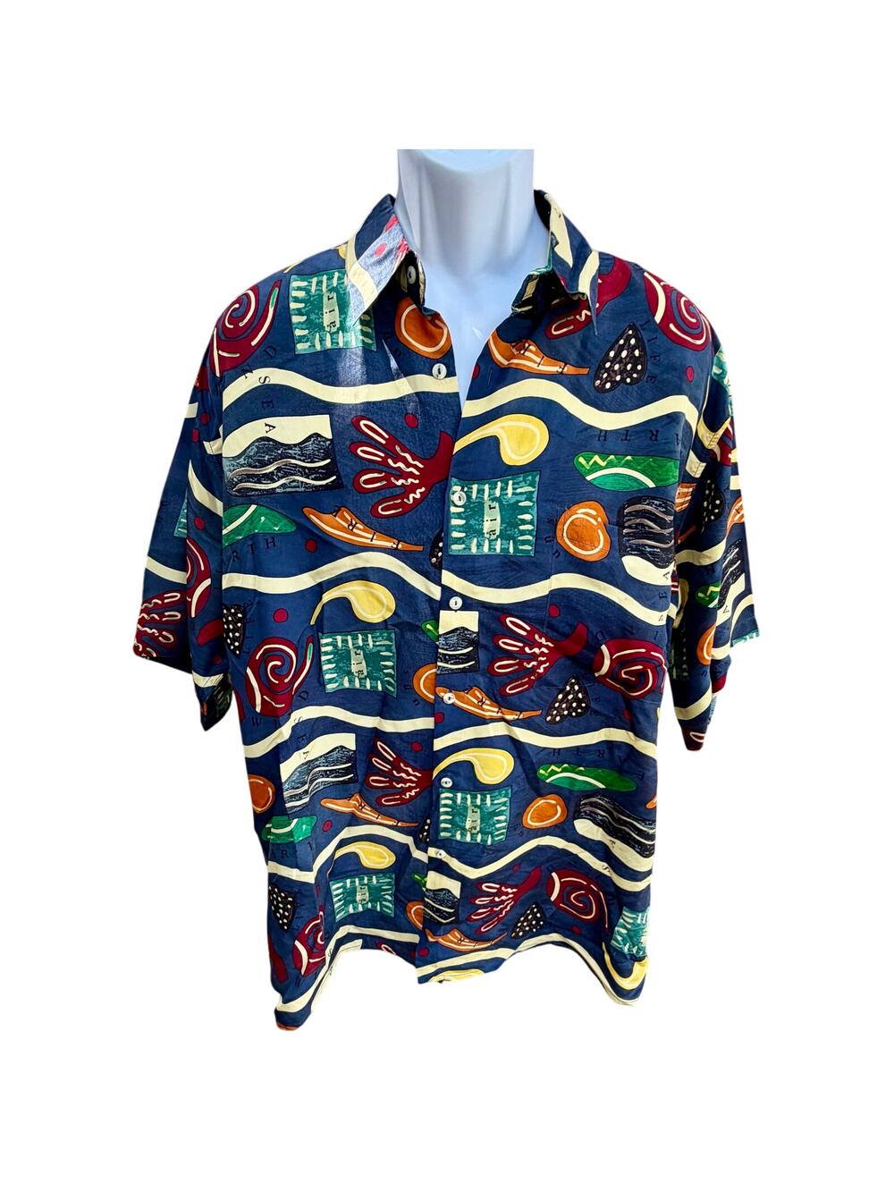 Vintage Burma Bibas men’s abstract 100% silk Hawaiian shirt sleeve shirt Lg